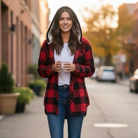 Maurices Red Black Buffalo Plaid Sherpa Lined Hooded Flannel Shirt Jacket M - Picture 2 of 5